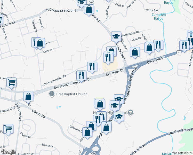map of restaurants, bars, coffee shops, grocery stores, and more near Devereux Drive in Natchez