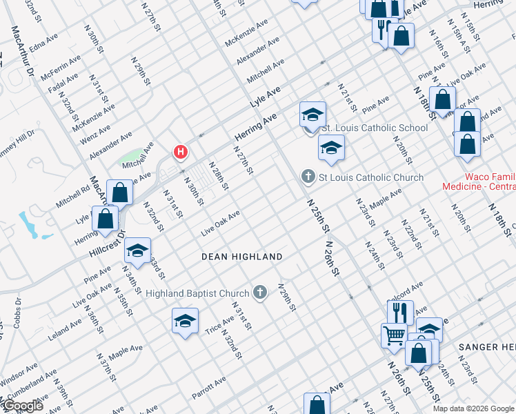 map of restaurants, bars, coffee shops, grocery stores, and more near 2708 Live Oak Avenue in Waco