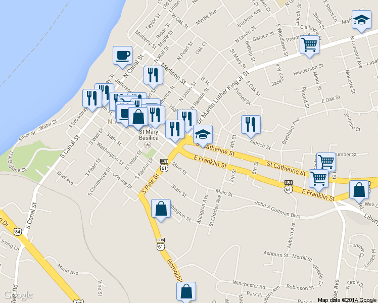map of restaurants, bars, coffee shops, grocery stores, and more near 1 East Franklin Street in Natchez