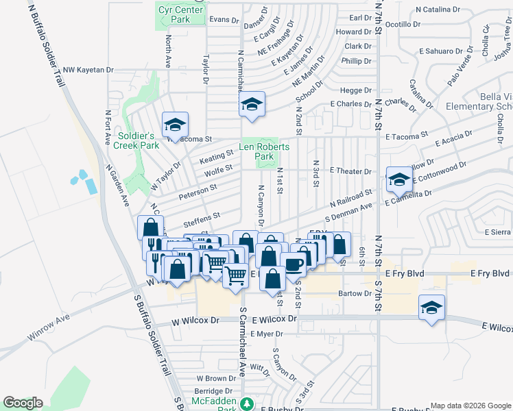map of restaurants, bars, coffee shops, grocery stores, and more near 215 North Carmichael Avenue in Sierra Vista