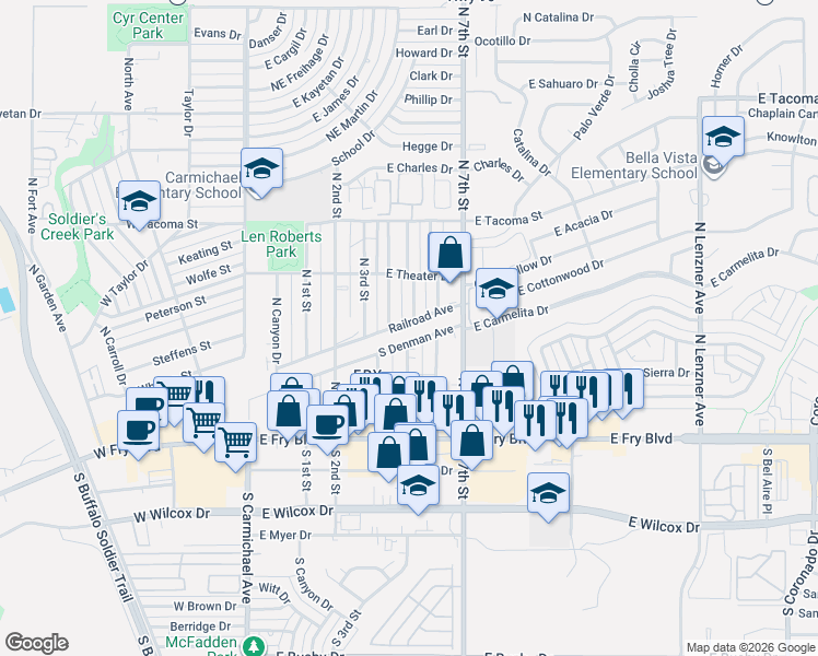 map of restaurants, bars, coffee shops, grocery stores, and more near 598 North Railroad Street in Sierra Vista