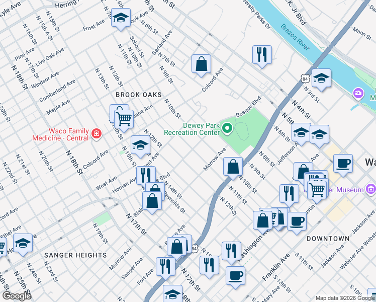map of restaurants, bars, coffee shops, grocery stores, and more near 1007 North 11th Street in Waco