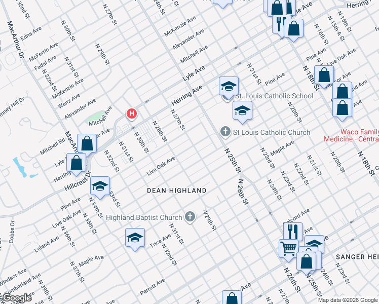 map of restaurants, bars, coffee shops, grocery stores, and more near 2708 Live Oak Avenue in Waco
