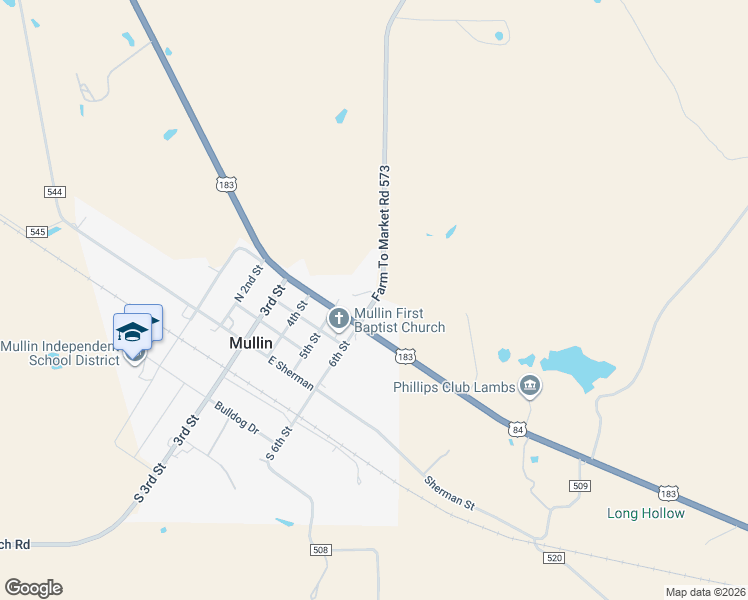 map of restaurants, bars, coffee shops, grocery stores, and more near 2 Farm to Market 573 in Mullin