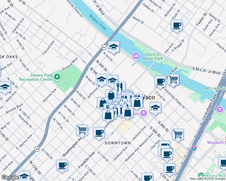 map of restaurants, bars, coffee shops, grocery stores, and more near 398 North 5th Street in Waco