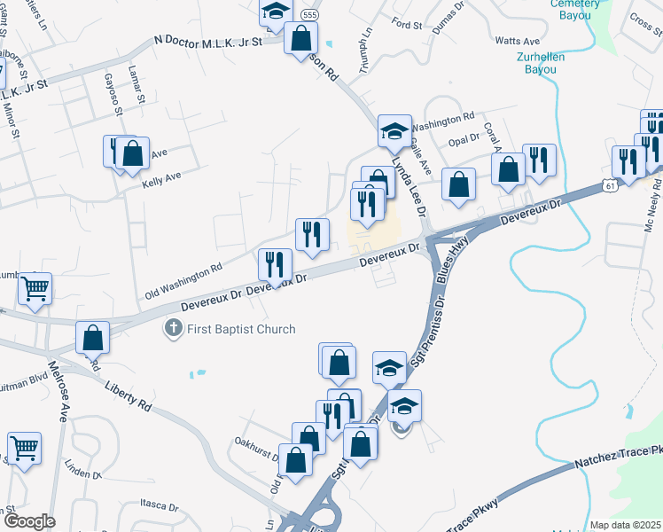 map of restaurants, bars, coffee shops, grocery stores, and more near Devereux Drive in Natchez