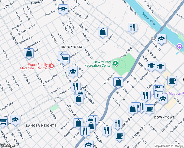 map of restaurants, bars, coffee shops, grocery stores, and more near 1115 North 12th Street in Waco