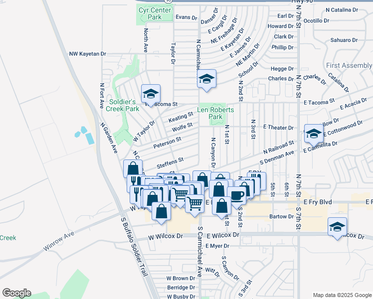 map of restaurants, bars, coffee shops, grocery stores, and more near 74 Sherbundy Street in Sierra Vista
