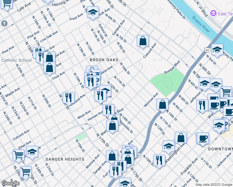 map of restaurants, bars, coffee shops, grocery stores, and more near 1300 North 12th Street in Waco