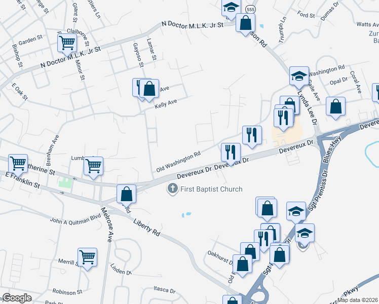 map of restaurants, bars, coffee shops, grocery stores, and more near 245 Old Washington Road in Natchez