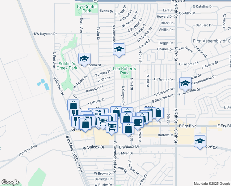 map of restaurants, bars, coffee shops, grocery stores, and more near 215 North Carmichael Avenue in Sierra Vista