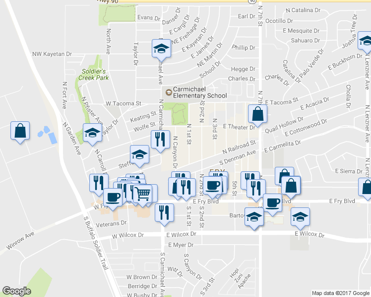 map of restaurants, bars, coffee shops, grocery stores, and more near 212 North 1st Street in Sierra Vista