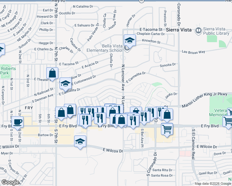 map of restaurants, bars, coffee shops, grocery stores, and more near 1416 Andrea Drive in Sierra Vista