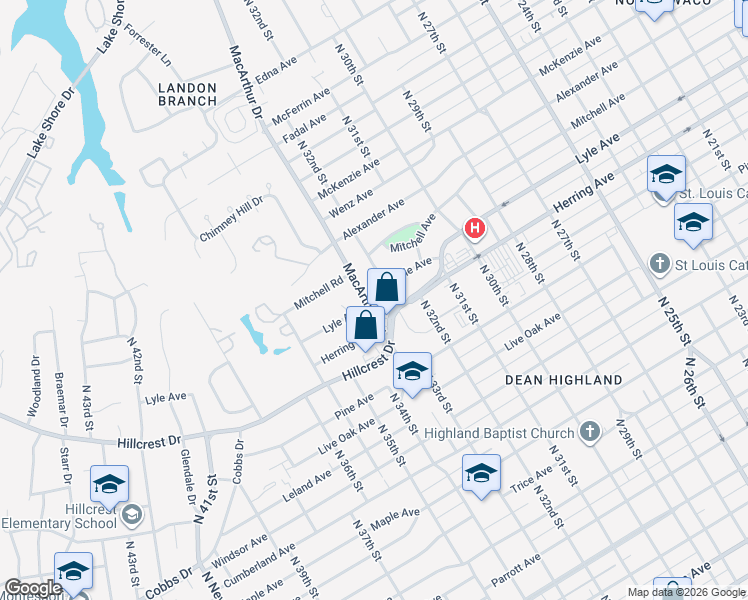 map of restaurants, bars, coffee shops, grocery stores, and more near 2409 Macarthur Drive in Waco