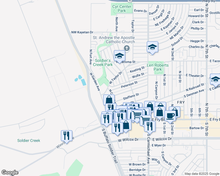 map of restaurants, bars, coffee shops, grocery stores, and more near 381 Peterson Street in Sierra Vista