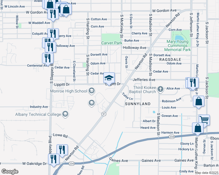 map of restaurants, bars, coffee shops, grocery stores, and more near 900 Lippitt Drive in Albany