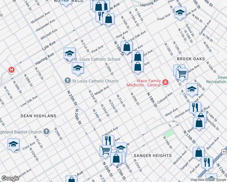 map of restaurants, bars, coffee shops, grocery stores, and more near 2123 Trice Avenue in Waco