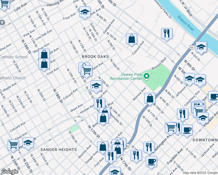 map of restaurants, bars, coffee shops, grocery stores, and more near 1216 West Waco Drive in Waco