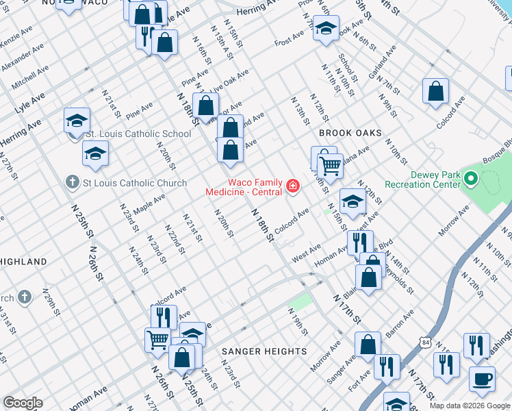 map of restaurants, bars, coffee shops, grocery stores, and more near 1601 North 18th Street in Waco