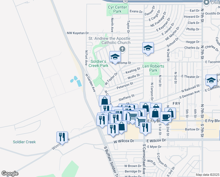 map of restaurants, bars, coffee shops, grocery stores, and more near 349 West Peterson Street in Sierra Vista