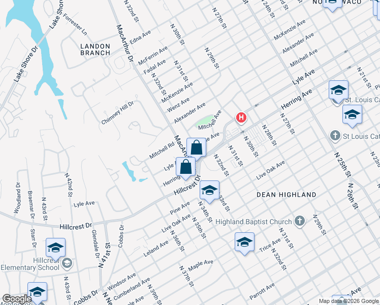 map of restaurants, bars, coffee shops, grocery stores, and more near 2409 Macarthur Drive in Waco