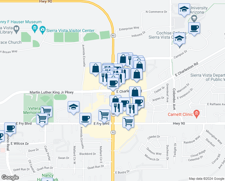 map of restaurants, bars, coffee shops, grocery stores, and more near 500 Highway 90 in Sierra Vista
