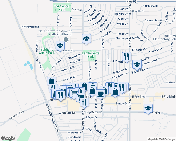 map of restaurants, bars, coffee shops, grocery stores, and more near 216 North Canyon Drive in Sierra Vista