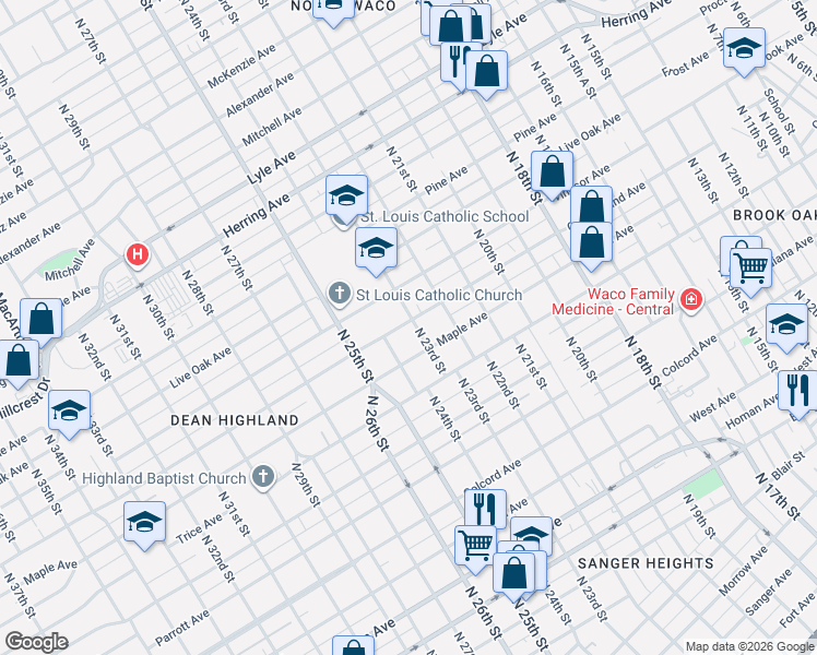map of restaurants, bars, coffee shops, grocery stores, and more near 2306 Cumberland Avenue in Waco