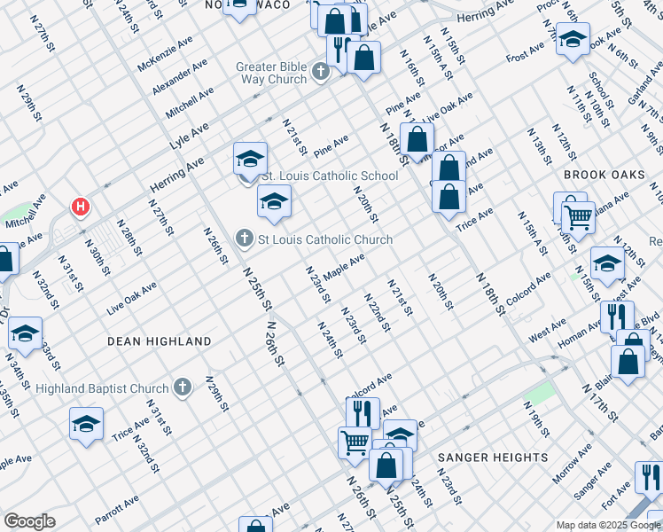 map of restaurants, bars, coffee shops, grocery stores, and more near 2205 Maple Avenue in Waco