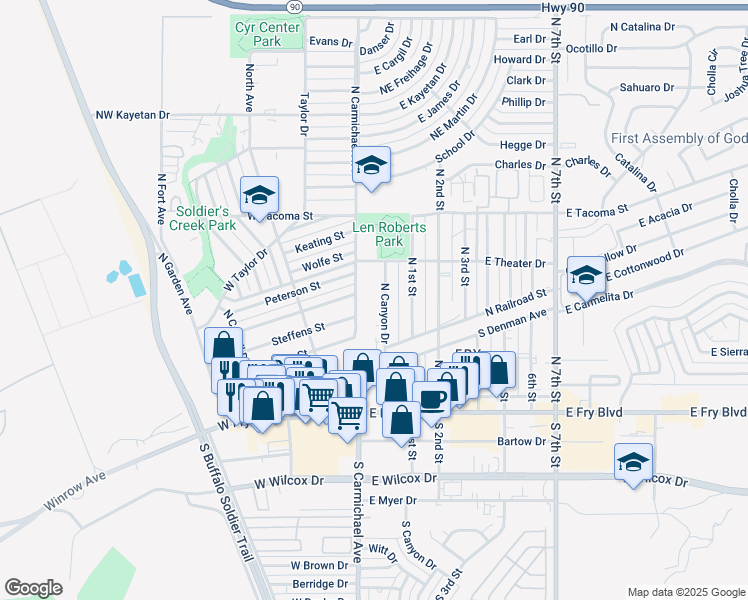 map of restaurants, bars, coffee shops, grocery stores, and more near 216 North Canyon Drive in Sierra Vista