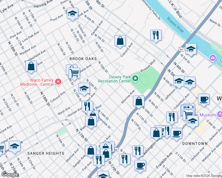 map of restaurants, bars, coffee shops, grocery stores, and more near 1115 North 12th Street in Waco