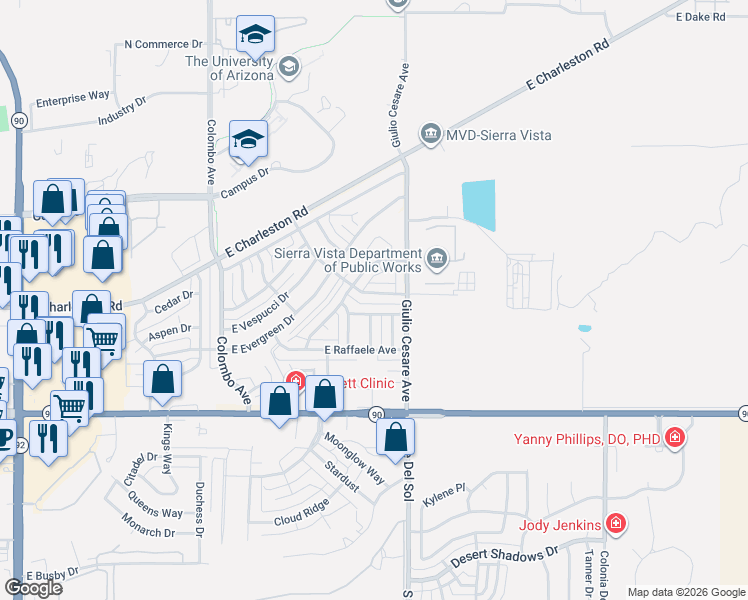 map of restaurants, bars, coffee shops, grocery stores, and more near 5107 Michaelangelo Drive in Sierra Vista