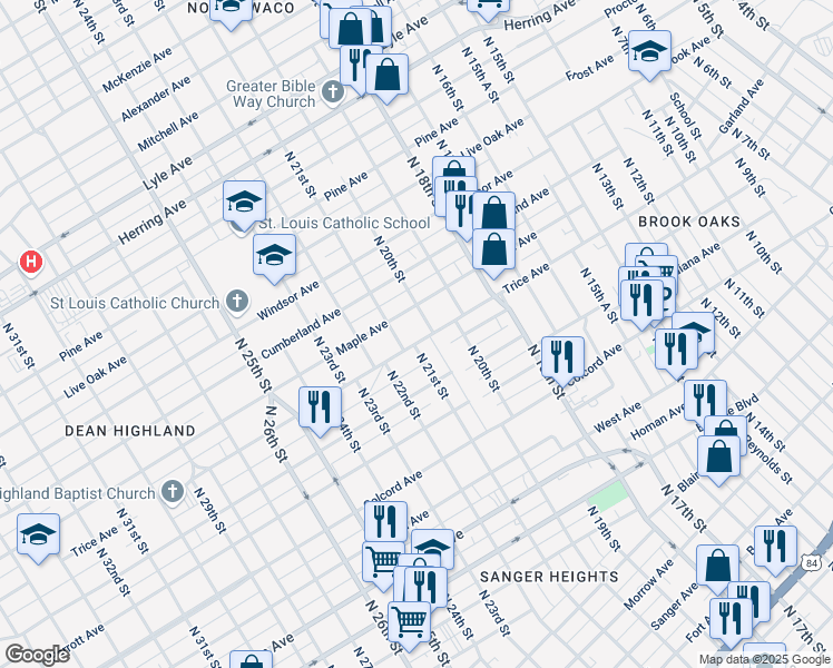 map of restaurants, bars, coffee shops, grocery stores, and more near 2016 Trice Avenue in Waco