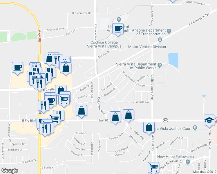 map of restaurants, bars, coffee shops, grocery stores, and more near 4866 Marconi Drive in Sierra Vista