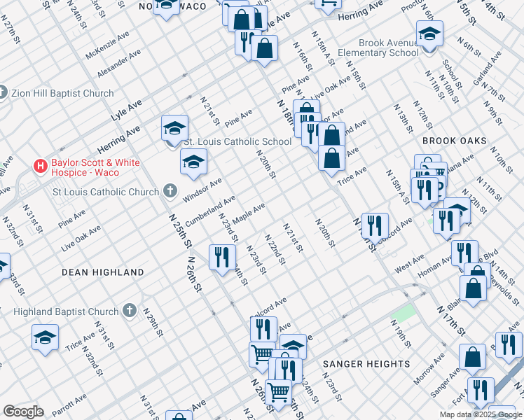 map of restaurants, bars, coffee shops, grocery stores, and more near 2104 Maple Avenue in Waco