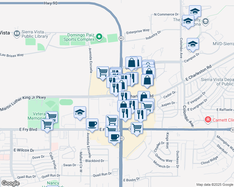map of restaurants, bars, coffee shops, grocery stores, and more near 500 Arizona 90 in Sierra Vista