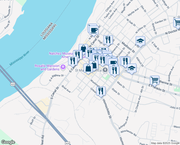 map of restaurants, bars, coffee shops, grocery stores, and more near 117 South Pearl Street in Natchez