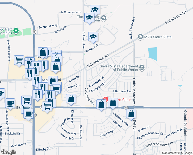 map of restaurants, bars, coffee shops, grocery stores, and more near 4866 Marconi Drive in Sierra Vista