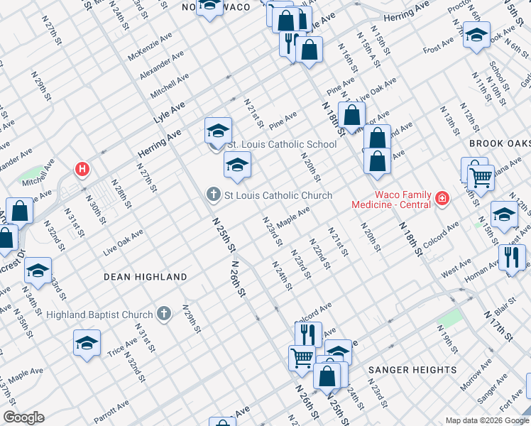 map of restaurants, bars, coffee shops, grocery stores, and more near 2306 Cumberland Avenue in Waco
