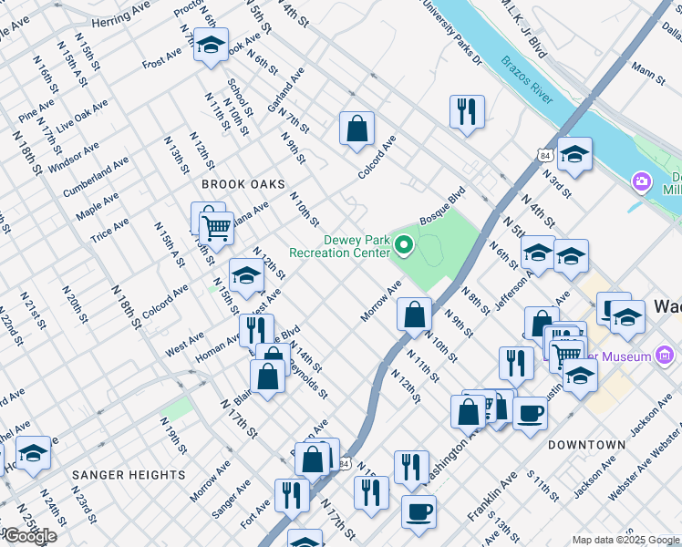 map of restaurants, bars, coffee shops, grocery stores, and more near 1007 North 11th Street in Waco
