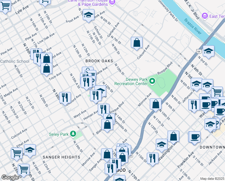 map of restaurants, bars, coffee shops, grocery stores, and more near 1300 North 12th Street in Waco
