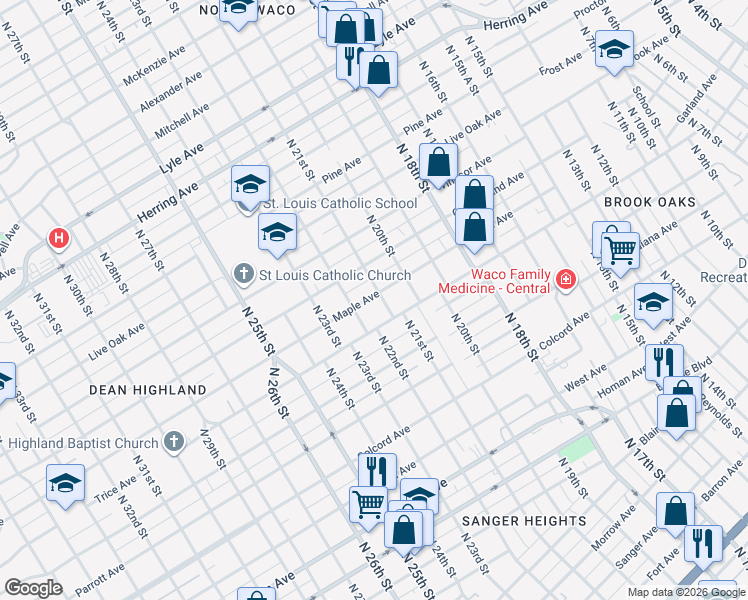 map of restaurants, bars, coffee shops, grocery stores, and more near 2106 Maple Avenue in Waco