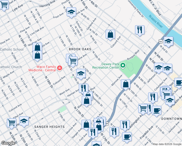 map of restaurants, bars, coffee shops, grocery stores, and more near 1300 North 12th Street in Waco
