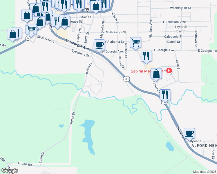 map of restaurants, bars, coffee shops, grocery stores, and more near in Many