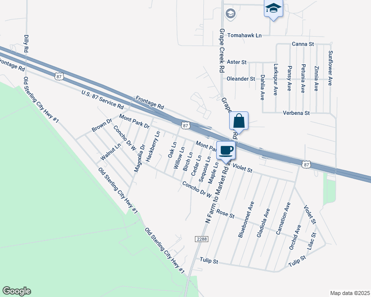 map of restaurants, bars, coffee shops, grocery stores, and more near 8066-8298 Willow Ln in Grape Creek