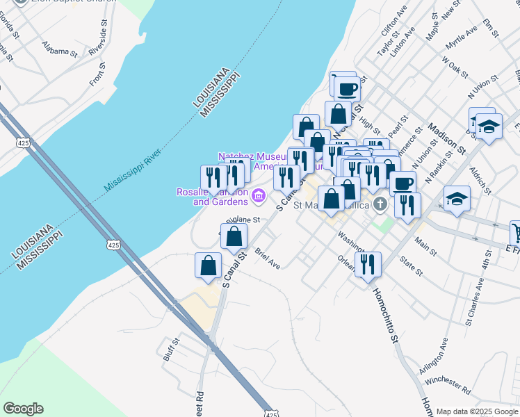 map of restaurants, bars, coffee shops, grocery stores, and more near 100 Orleans Street in Natchez