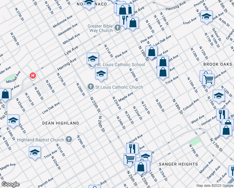 map of restaurants, bars, coffee shops, grocery stores, and more near 2205 Maple Avenue in Waco