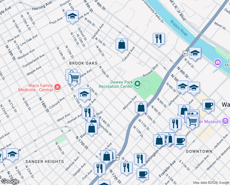 map of restaurants, bars, coffee shops, grocery stores, and more near 1007 North 11th Street in Waco