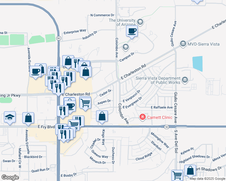 map of restaurants, bars, coffee shops, grocery stores, and more near 5212 Cedar Drive in Sierra Vista