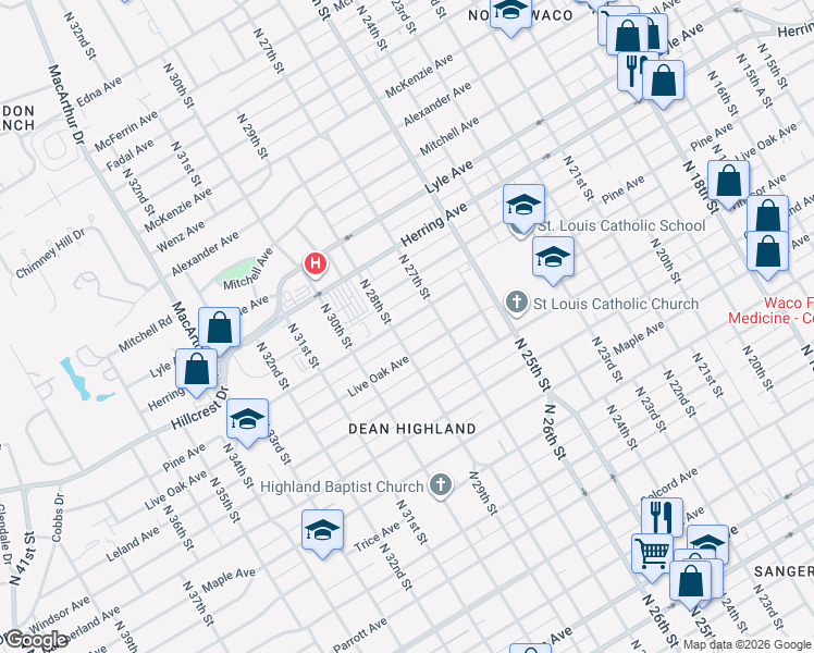map of restaurants, bars, coffee shops, grocery stores, and more near 2800 Pine Avenue in Waco